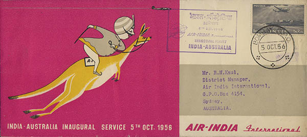 1956 Air-India inaugural service to Australia, first flight cover. Collection AJAY