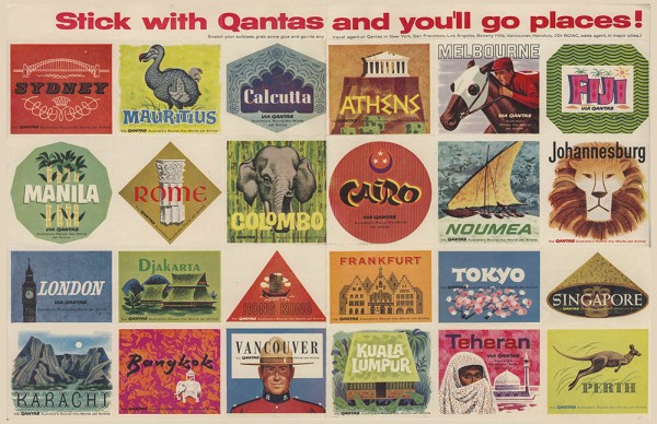1961 Qantas Stickers showing 24 destinations including Sydney, Mauritius, Calcutta, Athens, Melbourne, Fiji, Manila, Rome, Colombo, Cairo, Noumea, Johannesburg, London, Djakarta, Hong Kong, Frankfurt, Tokyo, Singapore, Karachi, Bangkik, Vancouver, Kuala Lumpur, Teheran, Perth