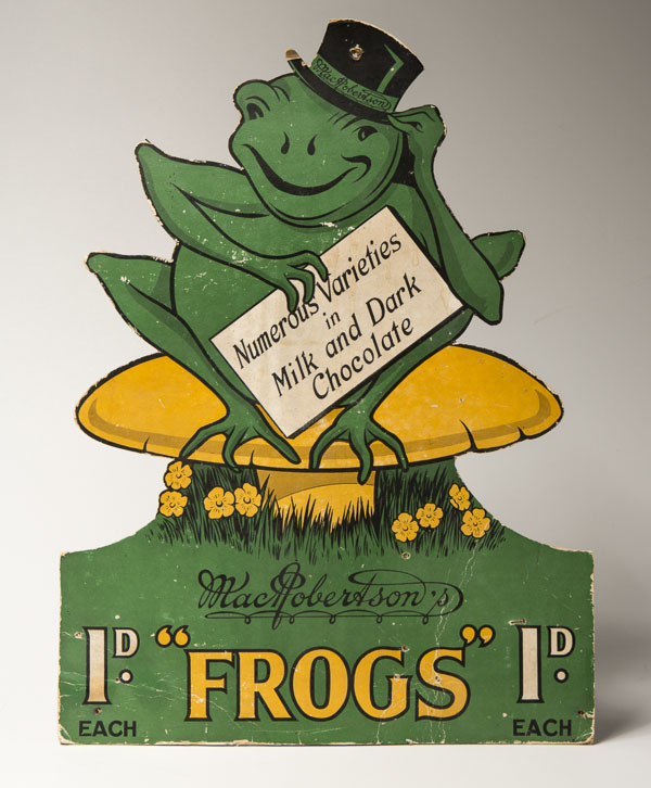 Before Freddo Frogs were called that, they were "Penny Frogs". Cardboard counter display, ca. 1930s.