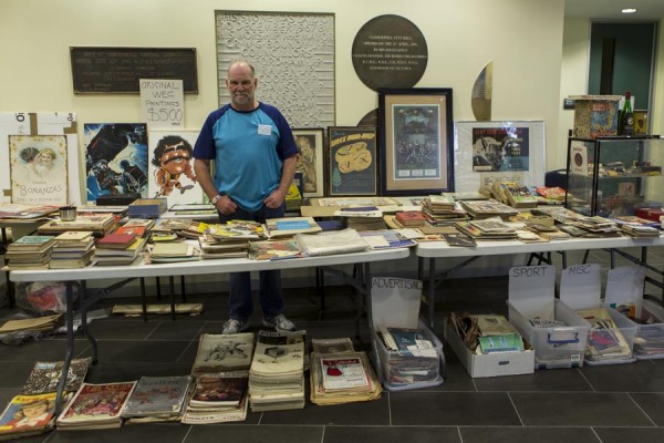 Ian Atkinson with his customary extensive display of magazines, pamphlets and posters.
