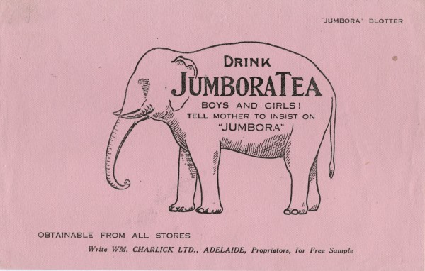JumboraTea blotter (William Charlick Ltd). Illustration from A Package Tour - Tuckwell & O'Neill.