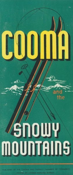 COOMA and the SNOWY MOUNTAINS. Folding brochure, coloured cover only, 22 x 9.5 cm. Circa eatly 1950s. Collection of Ed J.