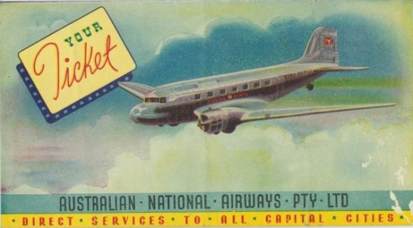 Ticket envelope for Australian National Airlines. Envelope, colour, 9 x 16.5 cm. 1946. Collection of Ed J.