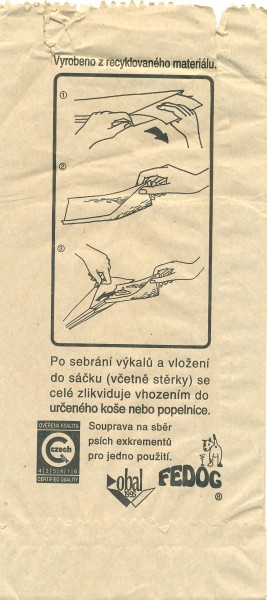 A dog poop collecting bag from the Czech Republic; we show the back as it has the comment 'Czech made' which appealed. circa 2000. Collection Mandy B.
