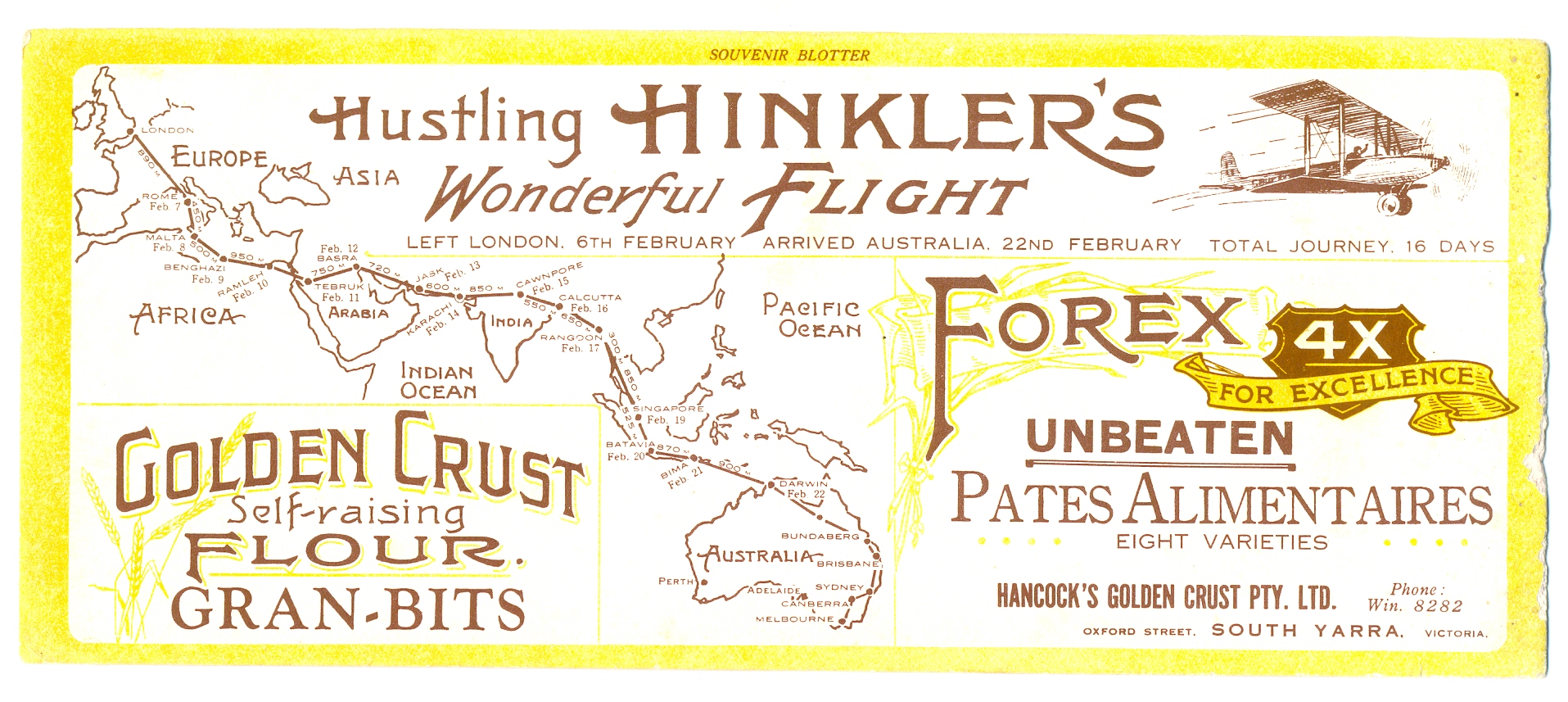 'Hustling Hinkler's wonderful flight', blotter, 1928, 10 x 23.5 cm. Collection of Andrew H.