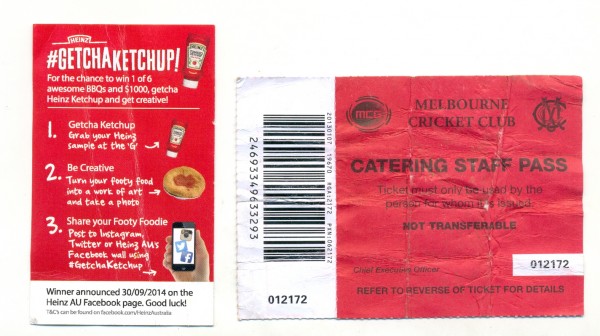Sauce packaging and catering staff pass, 7.5 x 10. 5 cm, 2014. Collection of Mandy B.