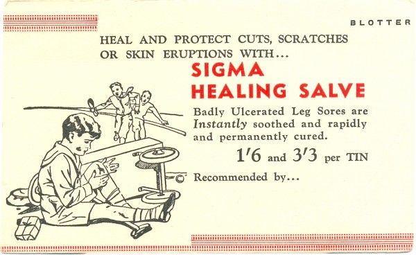 'Sigma healing salve', blotter, circa 1940s, 8.5 x 14 cm. Collection of Andrew H.