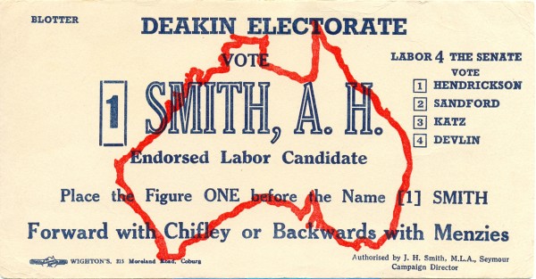 How to vote blotter, Australian Labor Party, 1946, 11 x 20.5 cm. Collection of Andrew H.