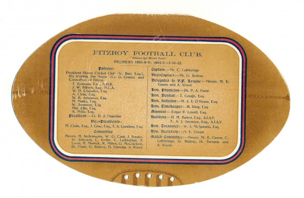 Back cover of Souvenir Card with list of patrons, the committee and other office holders.