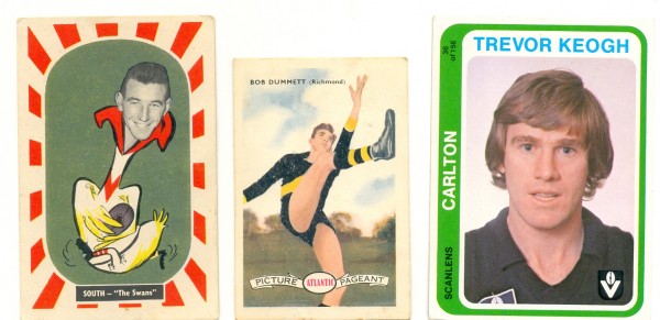 Examples of the wide range of footy cards Ian will have at the fair - Kornies Mascot series, Fred Goldsmith of the Swans, 1957; Atlantic Picture Pageant, Bob Dummett of Richmond, 1958; and Scanlens Trevor Keogh of Carlton 1979
