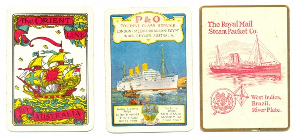 Three shipping swap cards - The Orient Line, P&O and The Royal Mail. Examples of cards to be sold by Jill.
