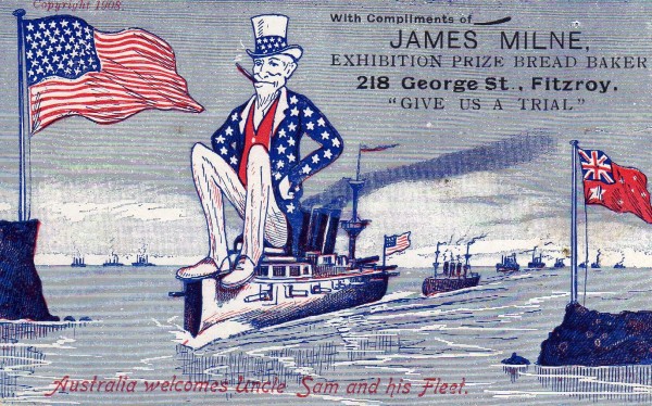 Commemorative postcard marking the visit of the American Fleet, copyright 1908. Collection of Eric P.