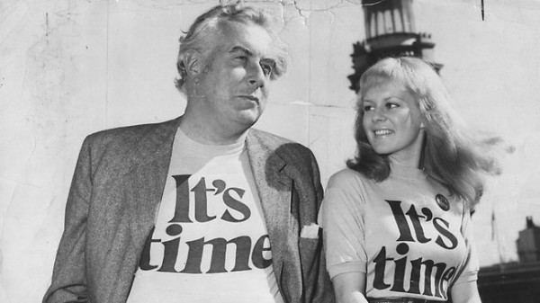 Gough Whitlam and singer, Little Patti, wearing the collectable t-shirts.