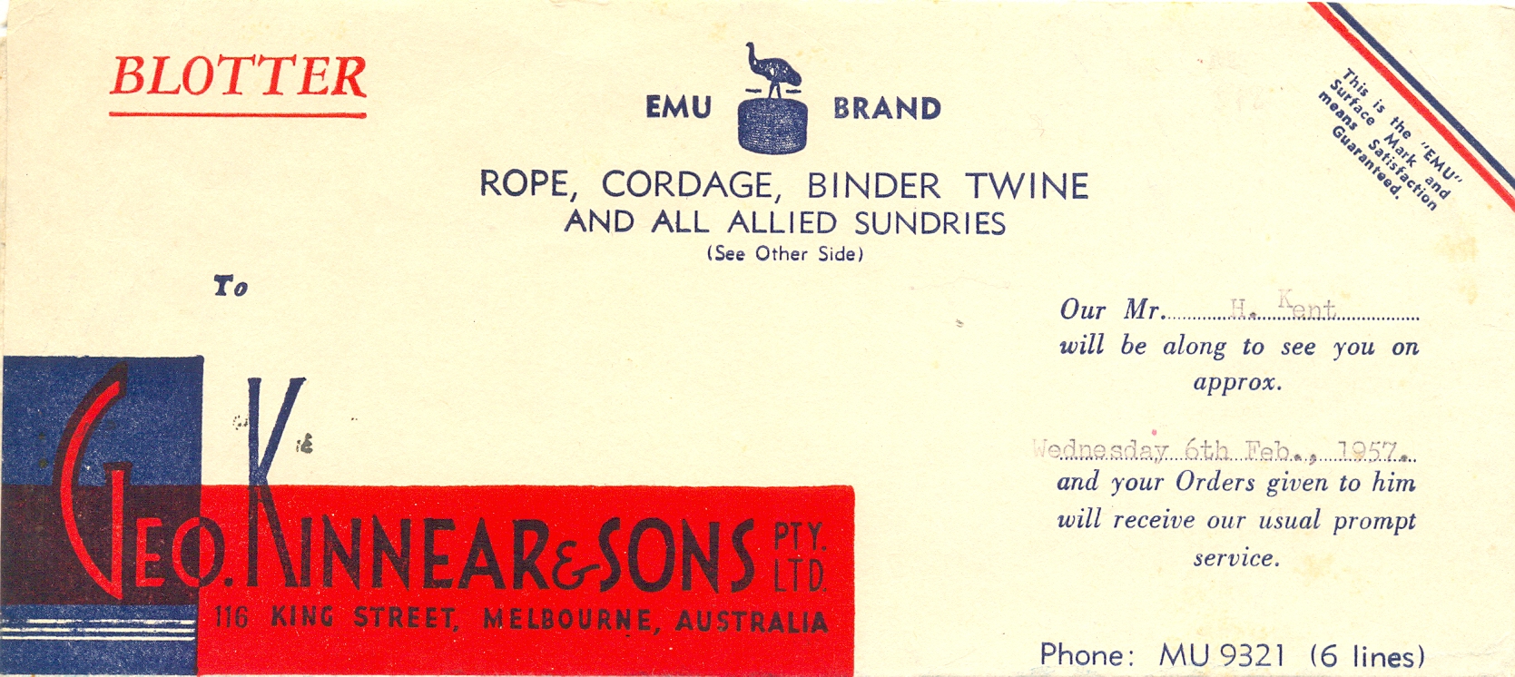 'Emu brand: rope, cordage, binder twine and ll allied sundries', blotter, 1957, 9.5 x 21.5 cm. Collection of Andrew H.