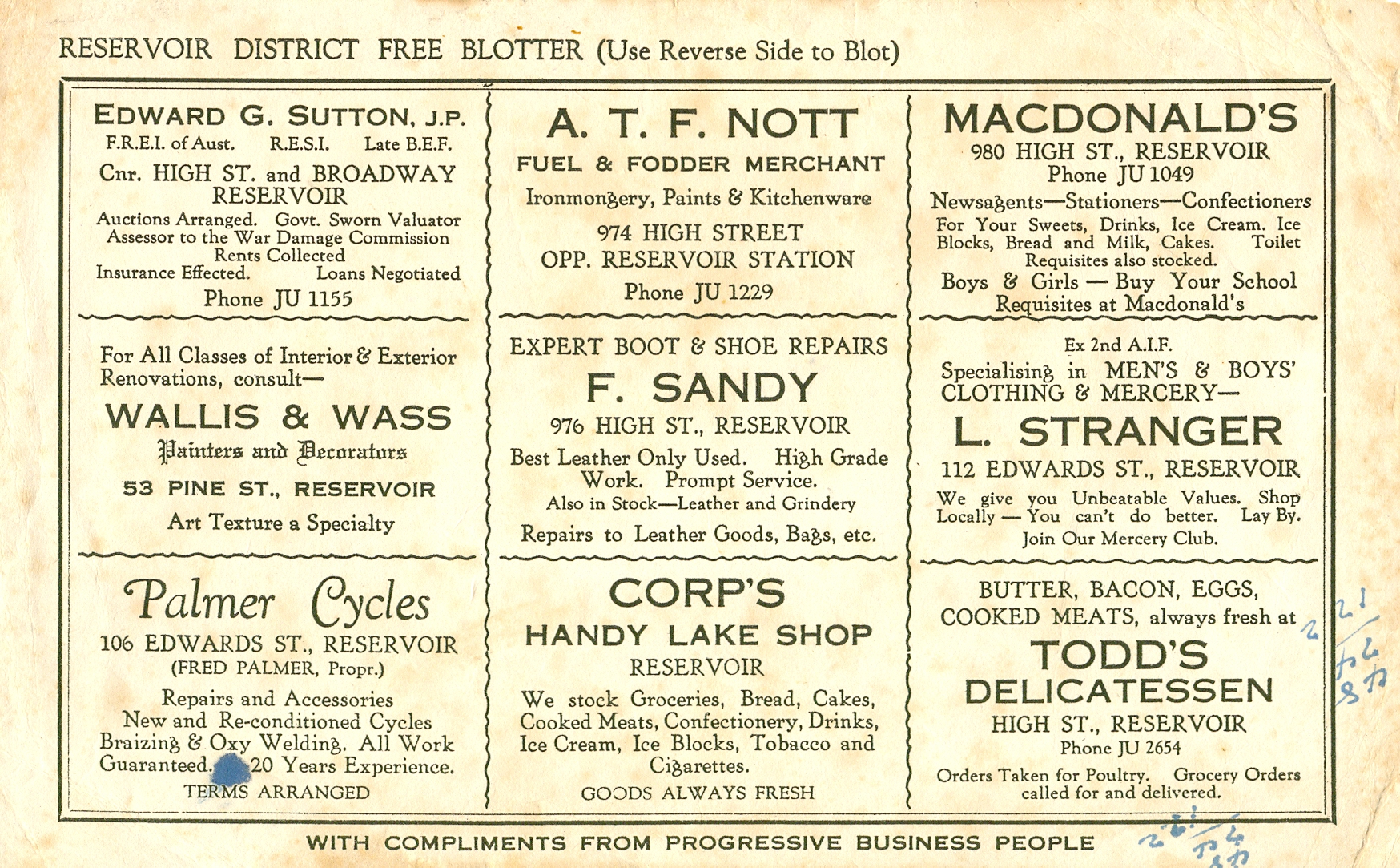 'Reservoir District free blotter', blotter, 1943-9, 14 x 22.5 cm. Collection of Andrew H.