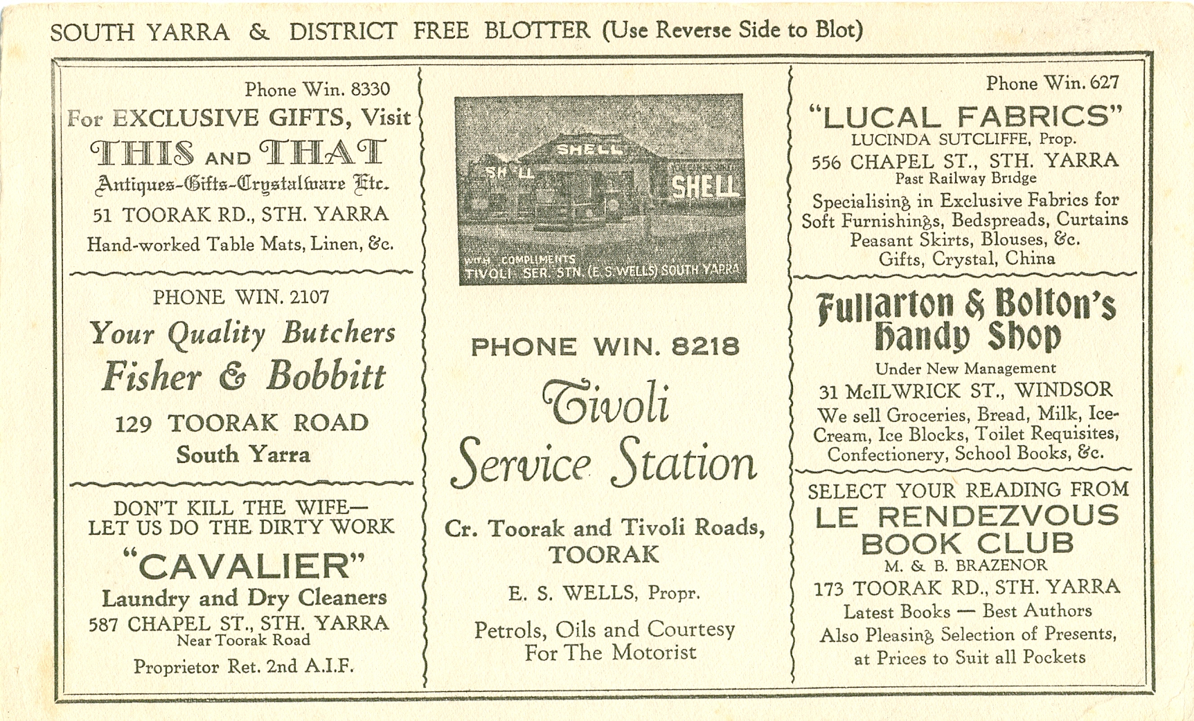 'South Yarra & District free blotter', blotter, 14 x 22.5 cm. 1940s?Collection of Andrew H.