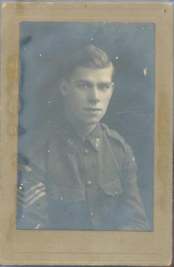 Photographic portrait of Jim Jorgensen dated 26 August 1918, produced by Walshams Ltd, 102 Victoria St, S.W.. 14.5 x 9.5 cm. Collection of Kaerest H.