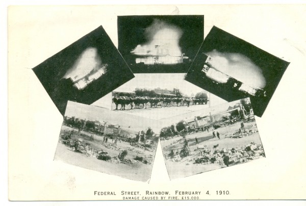 'Federal Street, Rainbow, February 4, 1910; damage caused by fire', postcard, 1910, 9 x 14 cm. Collection of Andrew H.