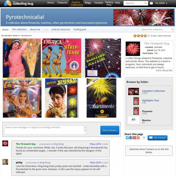 Home page for “Pyrotechnicalia”, the Fireworks label collection of an ESA member.