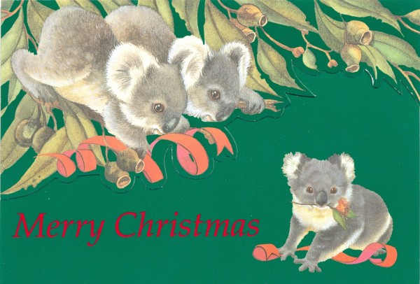 'Merry Christmas', greeting card with diecut gum branch, 11 x 15 cm, Simson, circa 1991. Collection of Mandy B.