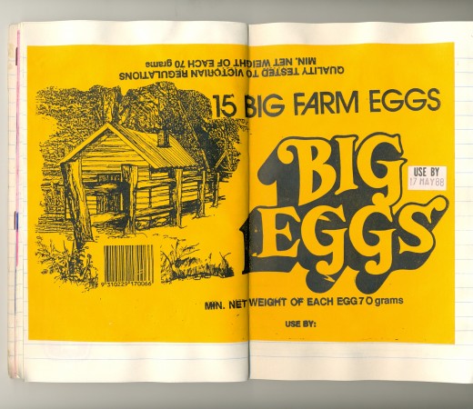 'Big Eggs', label, 14.5 x 21 cm, 1988. Collection of Ian B.