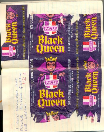 'Black Queen', ice cream wrapper, 18 x 7 cm, 1977. Collection of Ian B.