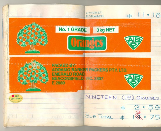'Oranges', Addamo Barker Packers, cardboard label to be bound at top of bag, 4.5 x 20.5 cm, 1987. Collection of Ian B.