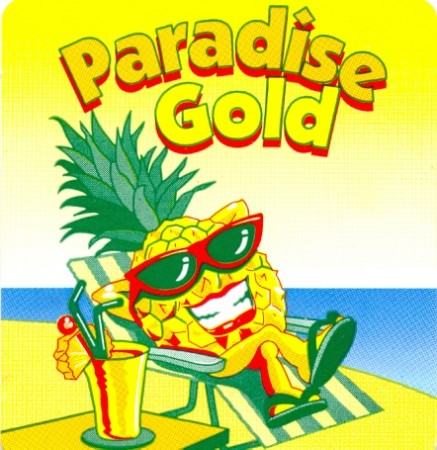 Paradise Gold, sticky label on a pineapple, 6 x 5.5. cm, 2014. Collection of Mandy B.