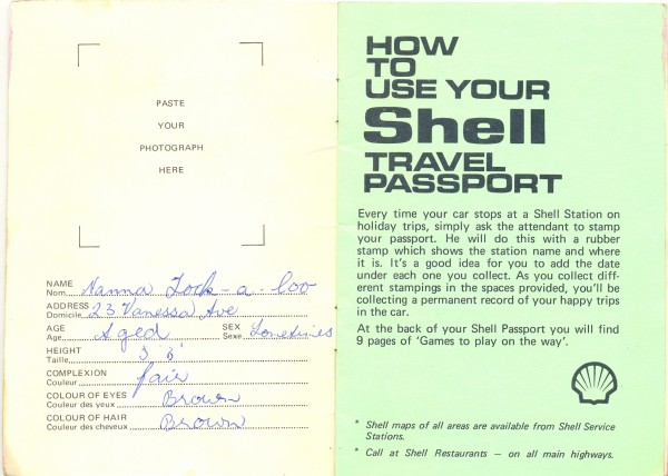 Information page from New Generation Shell passport, 15 x 10.5 cm, Blue cover, interior on green paper, 16 pages, circa 1960. Collection of Mandy B.