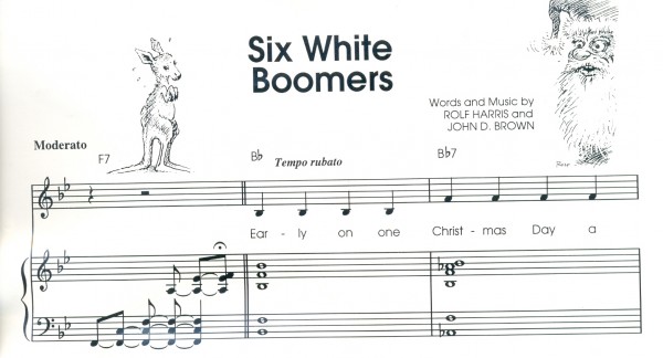 This section of music from "Six White Boomers" shows Rolf Harris' illustrations, circa 1960.