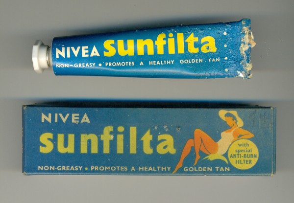 Packaging and tube of Nivea Sunfilta, 3.25 x 12 x 2.75 cm and 11 x 2.5 cm, circa 1950-1960s. Collection of Mandy B.