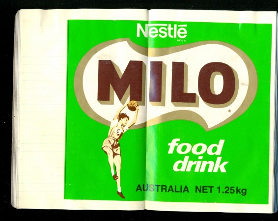 'Milo: food drink', label, 16 x 18 cm, 1977. Collection of Ian B.