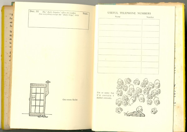 Telephone page is a feature in this late 30s diary from 'Stop or go' by Fougasse, Methuen, London, 19 x 12.5 cm, 1939. Collection of Richard Felix.