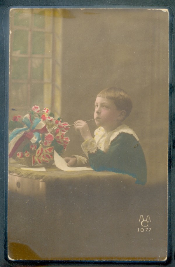 [Boy at desk], 14 x 8.5 cm., circa 1917. Collection of K. Houston.