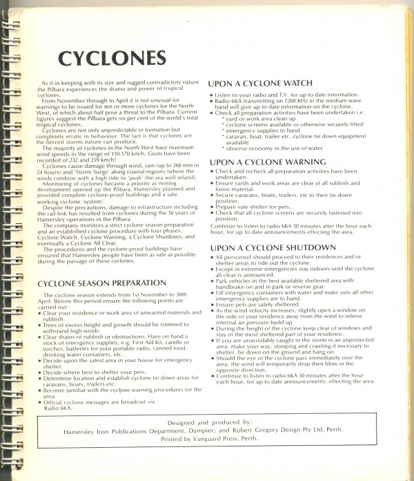 Cyclone information in 1982 Pilbara diary,  published by Hamersley Iron. Collection of Richard Felix.