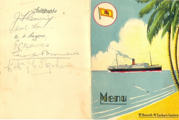 Menu for the T.S.S. Katoomba; winter cruise to the Great Barrier Reef Islands 8 June to 23 June 1937, folded card, 15.7 x 12 cm. Collection of AJAY.