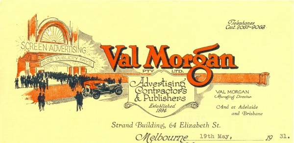 Val Morgan letterhead, depth of illustration 10 cm, letter dated 19 May 1931. Collection of Ajay.