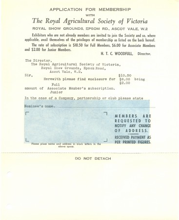 Application form enclosed in Arts and Crafts, Photography, School, Young Farmers' and Gadget Competitions; Sectional Schedule, The Royal Agricultural Society of Victoria, stapled pamphlet, 24.5 x 18.5 cm, 1966. Collection of Brian Watson.