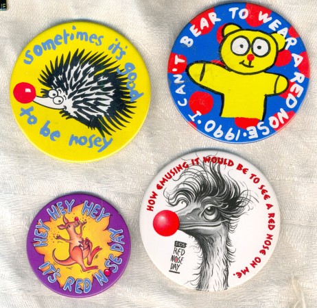 Red Nose Day badges, 1990 and circa 1990s-2000s. Collection of Mandy Bede