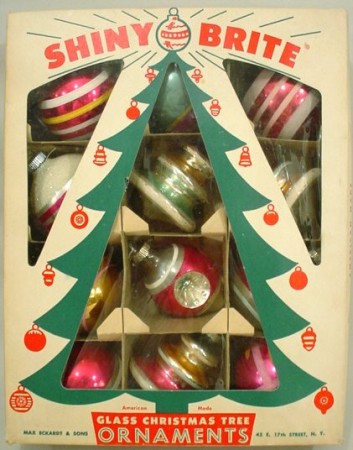 Box of glass tree ornaments, manufactured in New York state, c 1960s.