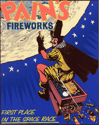 Label for Pains Fireworks, showing 'rocket like' travel.