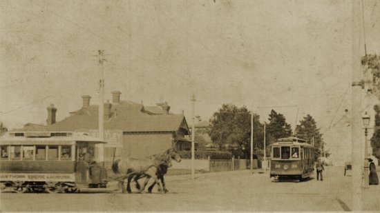 Glenferrie & Riversdale Roads in 1913-14, showing MTOC horse tram No 29 on its way to the Richmond cable tram terminus, and PMTT F class No 36 about to head off.