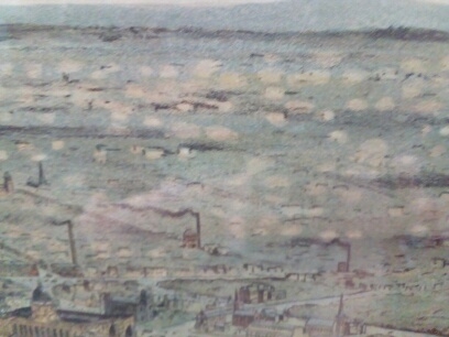 This section of the panoramic map shows the inner eastern suburbs with some industrial chimneys and soft light of housing, 1888, collection of PW.